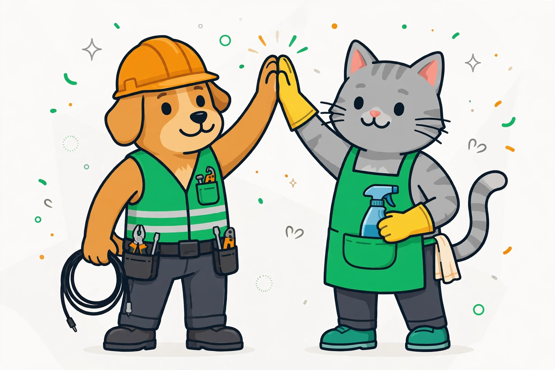Mascotas de Relevo: perrito electricista y gatito de limpieza chocando palmas